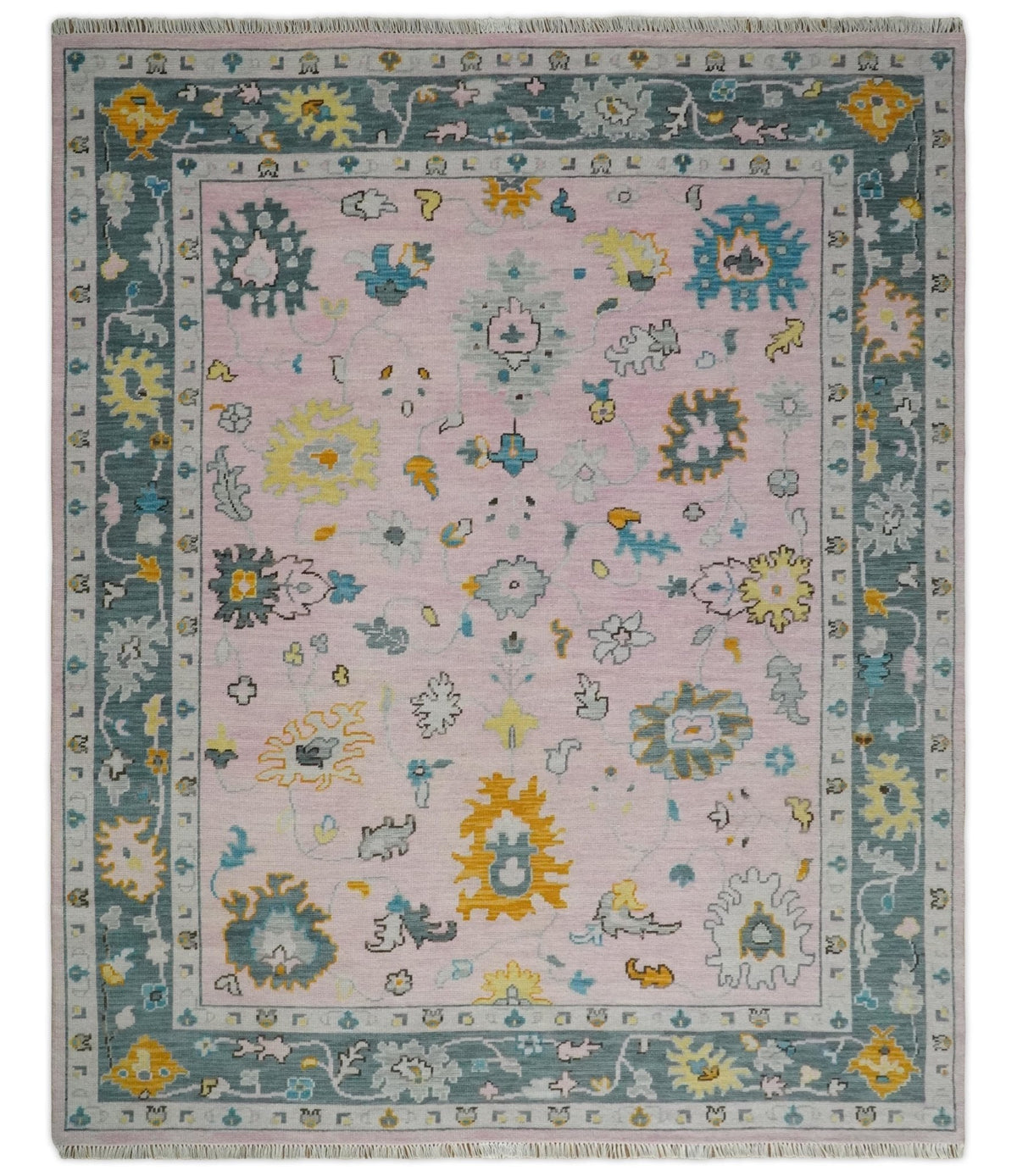Custom Made Pink and Gray Hand knotted Traditional Oushak wool Area Rug.