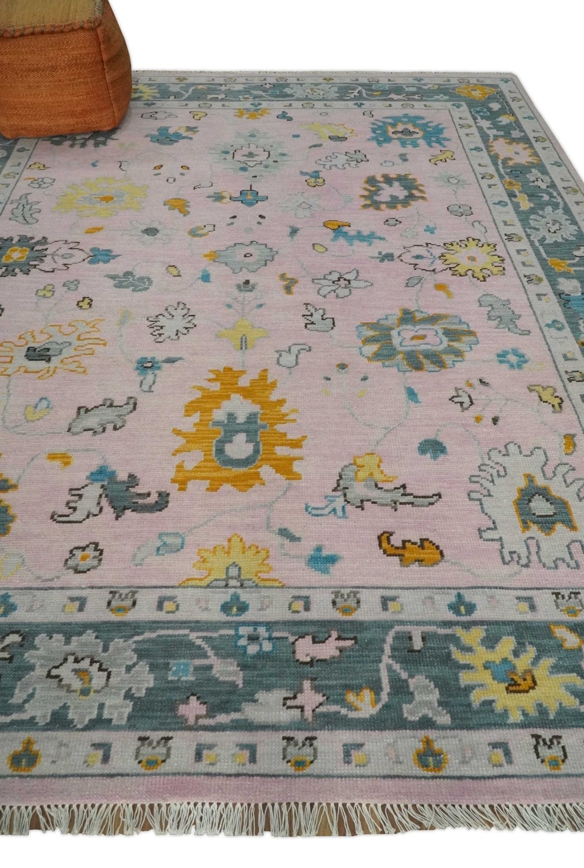 Custom Made Pink and Gray Hand knotted Traditional Oushak wool Area Rug.