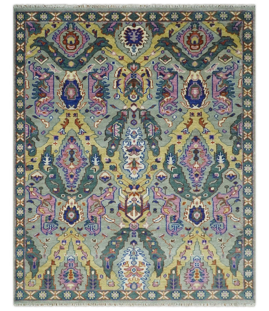 Hand knotted Green And Pink Traditional large design Custom Made wool Area Rug.