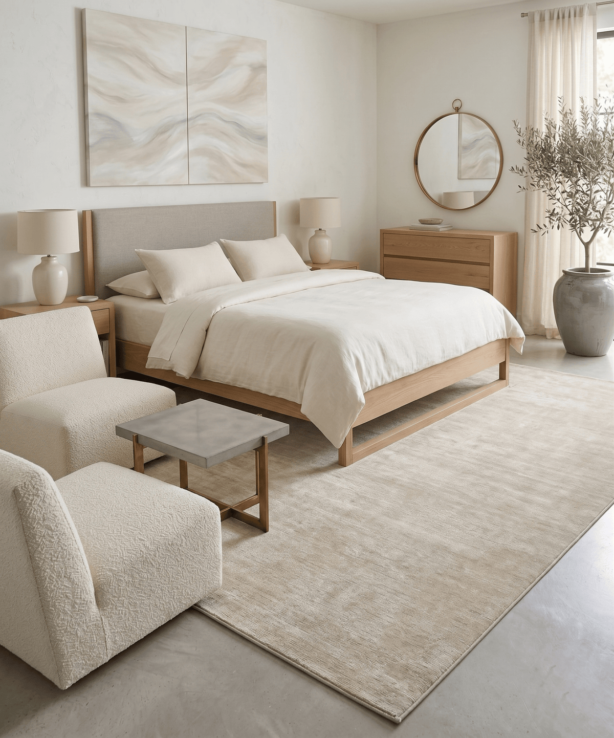Modern Solid Beige Hand Woven Wool Area Rug.