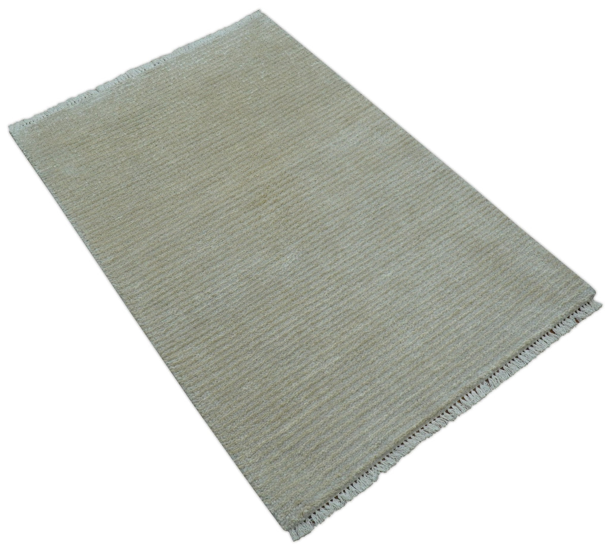 Modern Solid Design Beige Hand Knotted Wool And Silk Rug.
