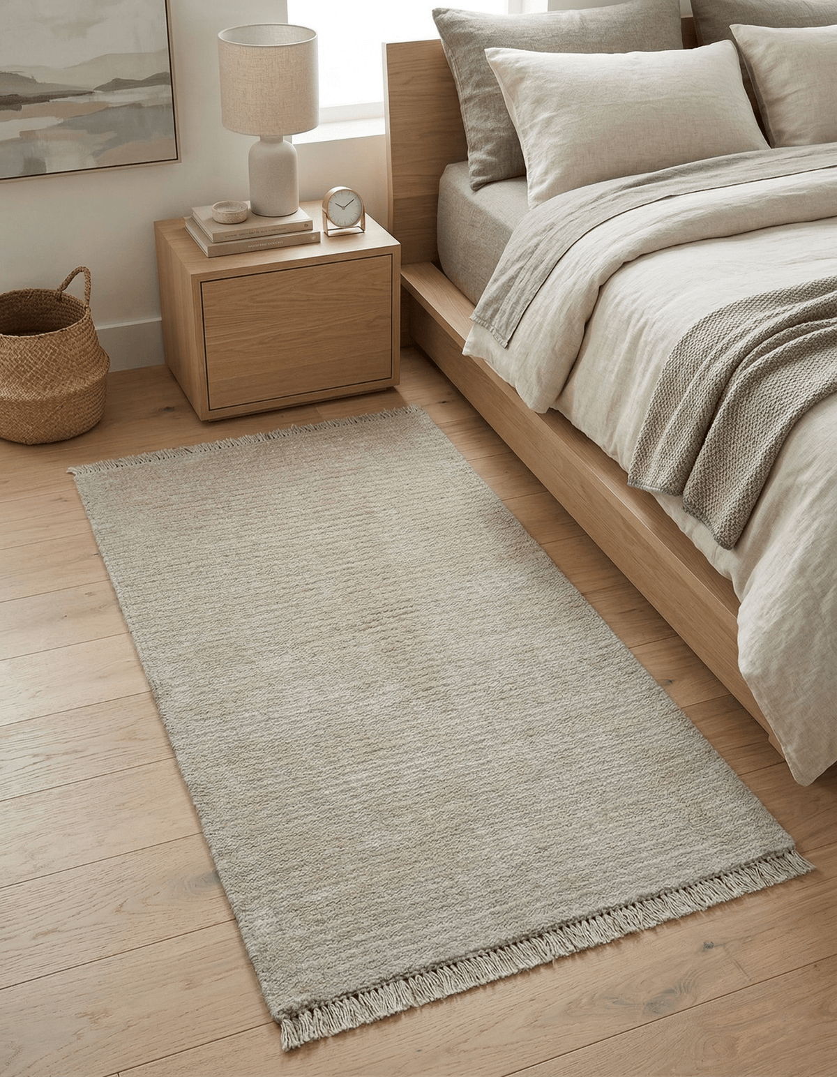 Modern Solid Design Beige Hand Knotted Wool And Silk Rug.