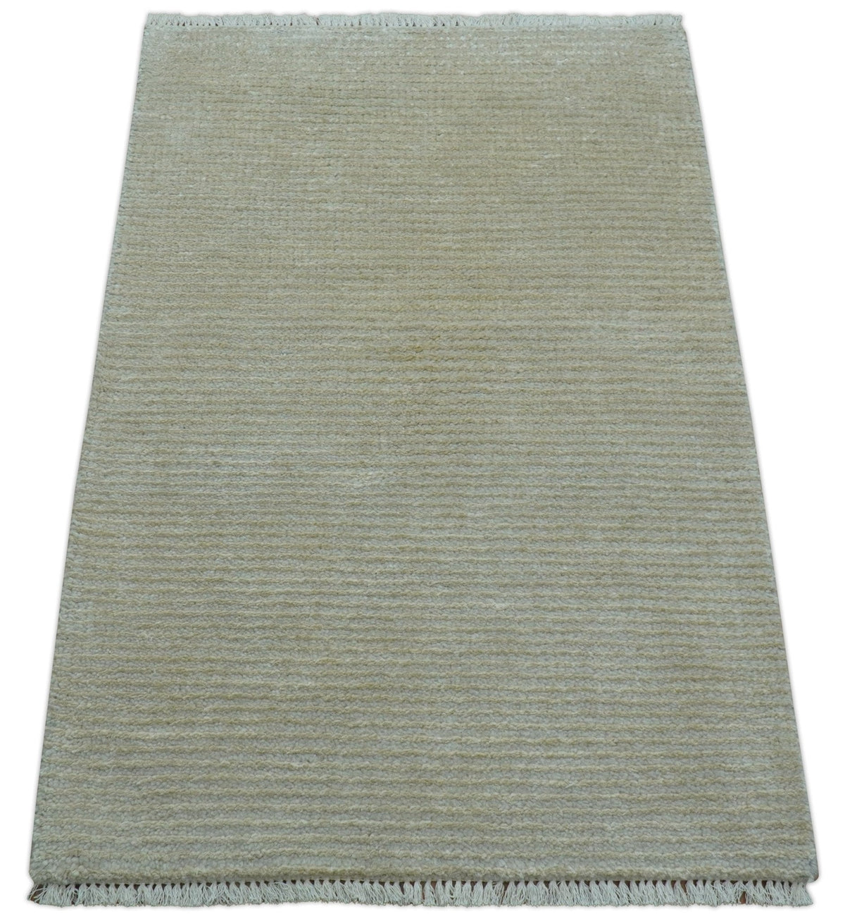 Modern Solid Design Beige Hand Knotted Wool And Silk Rug.