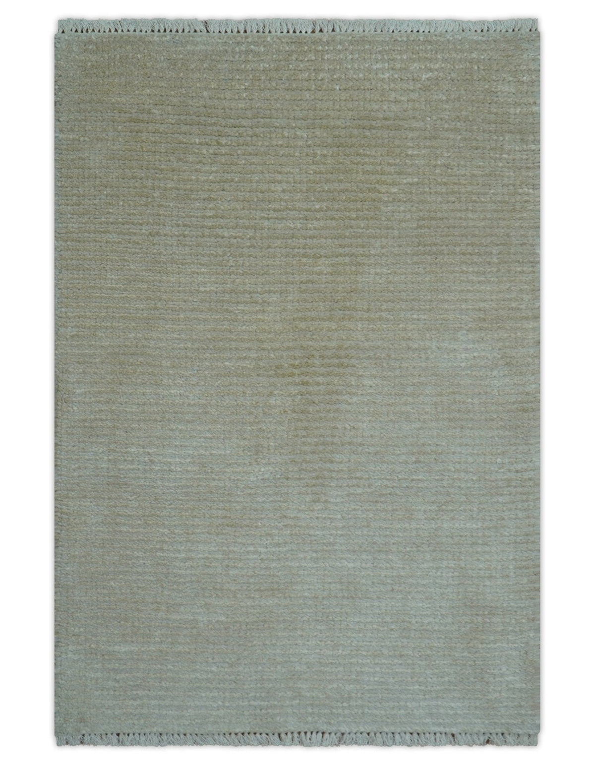 Modern Solid Design Beige Hand Knotted Wool And Silk Rug.