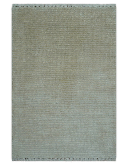 Modern Solid Design Beige Hand Knotted Wool And Silk Rug.