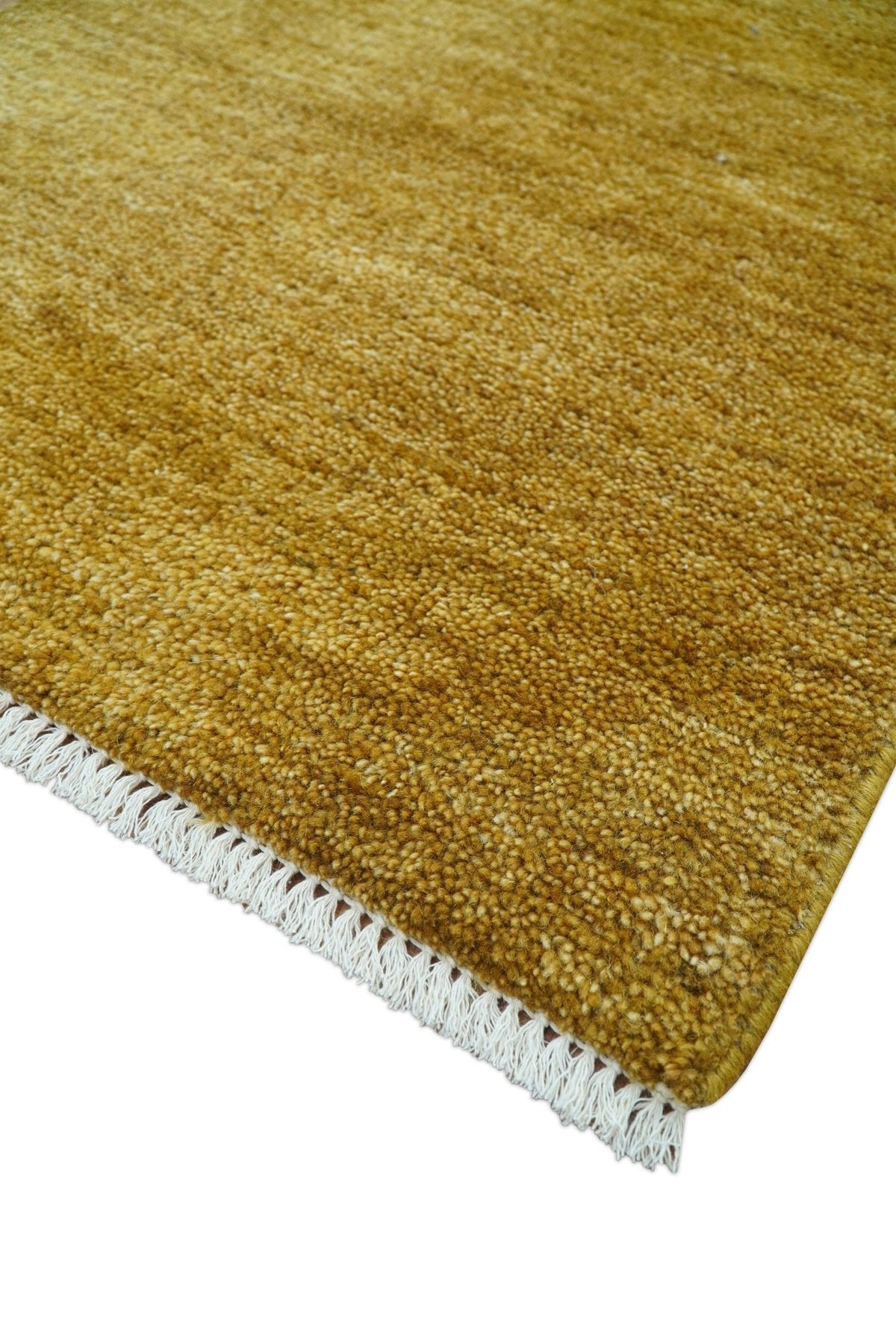 Modern Solid Design Gold Hand Knotted Wool Area Rug.
