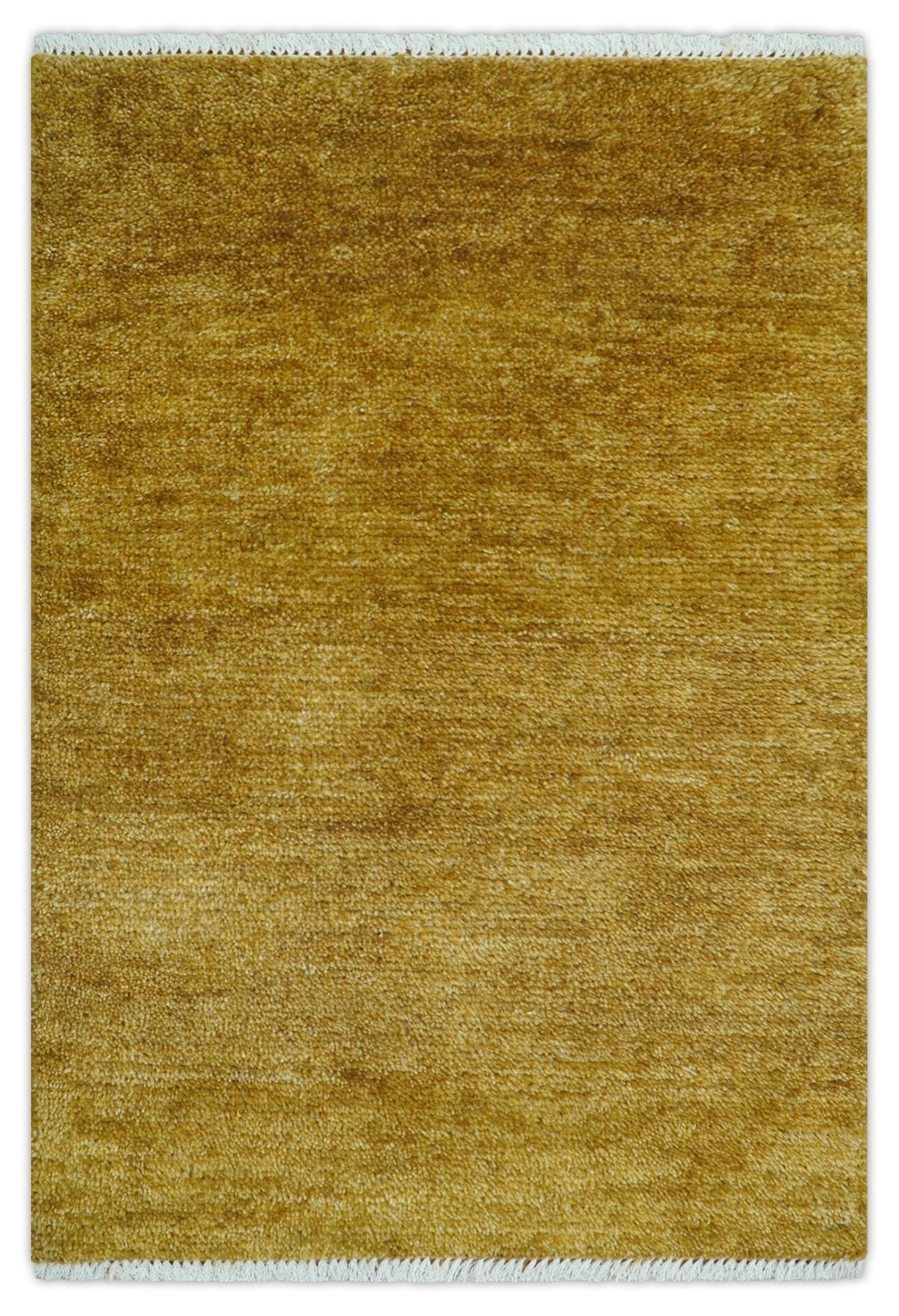 Modern Solid Design Gold Hand Knotted Wool Area Rug.
