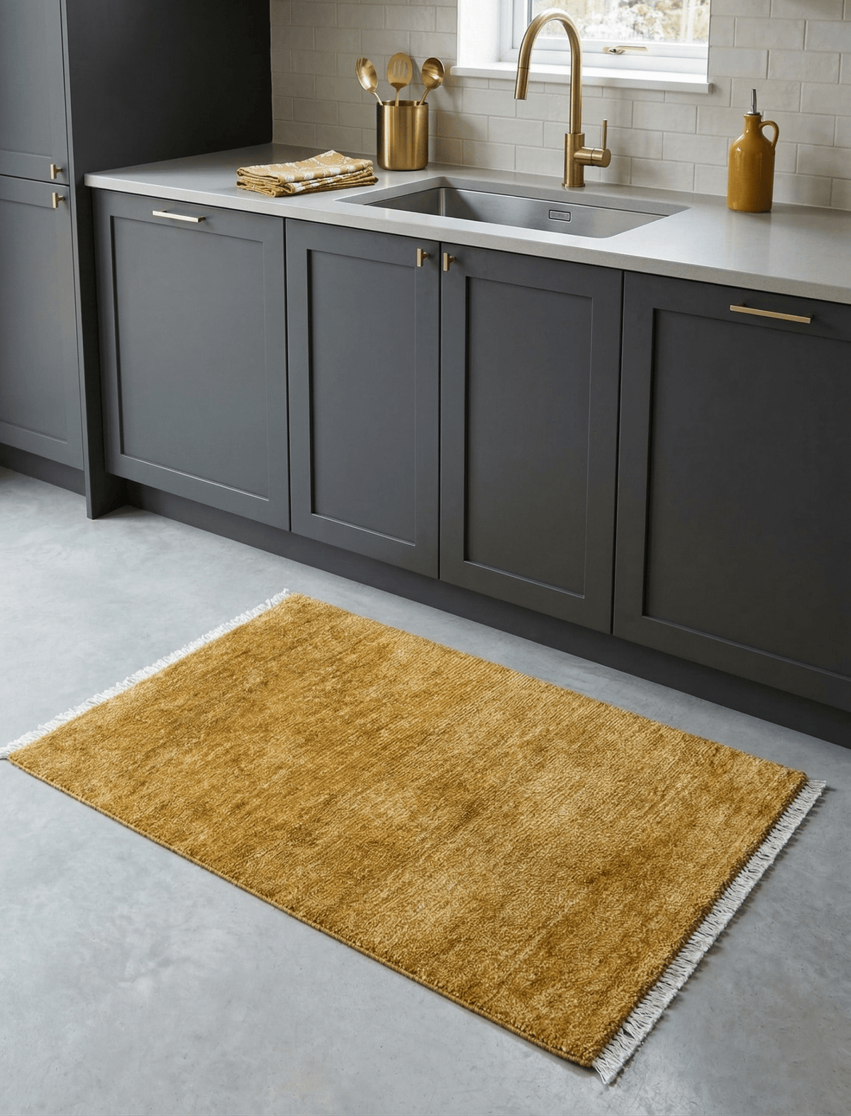 Modern Solid Design Gold Hand Knotted Wool Area Rug.