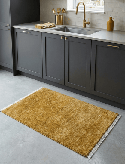 Modern Solid Design Gold Hand Knotted Wool Area Rug.