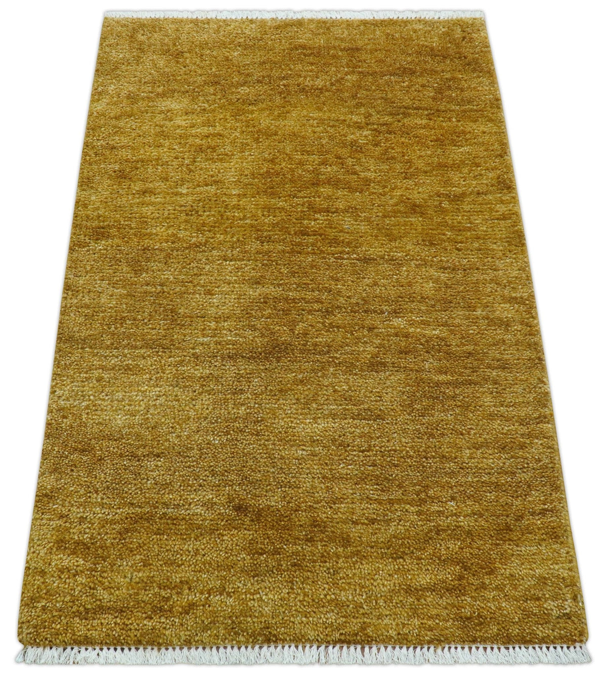 Modern Solid Design Gold Hand Knotted Wool Area Rug.