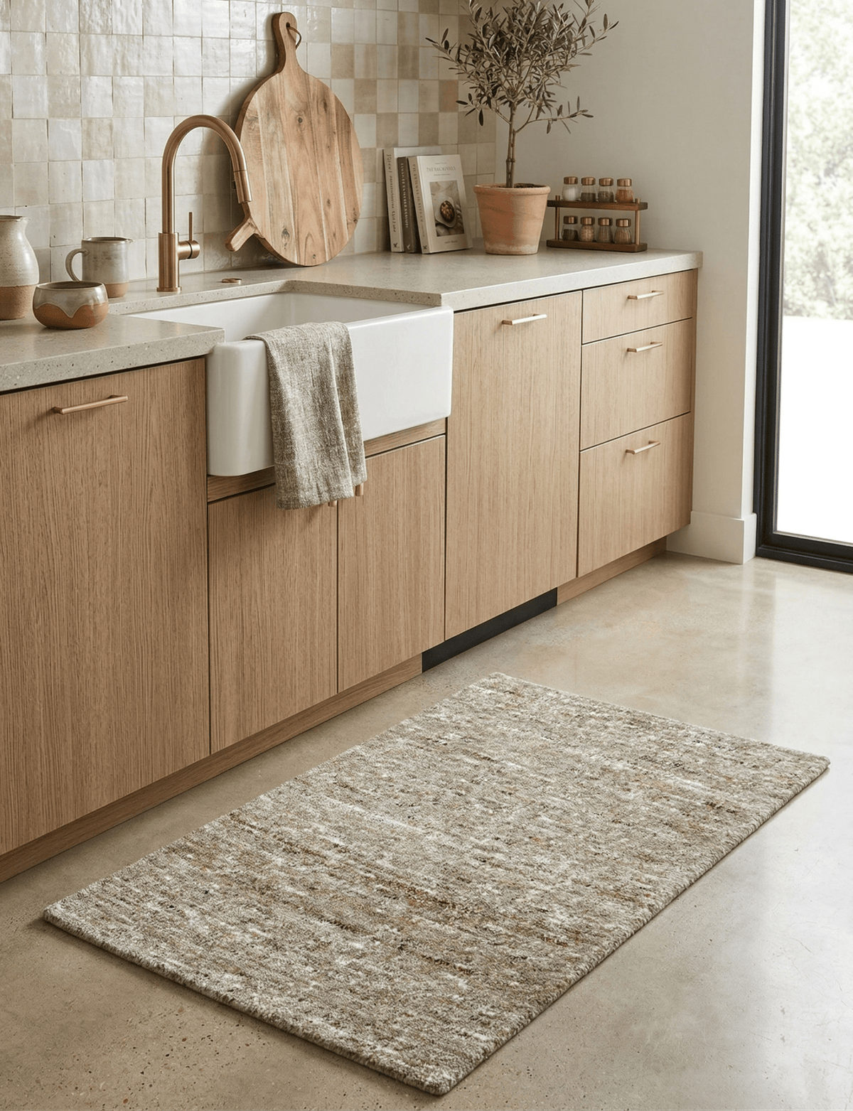 Modern Solid Design Natural Brown Hand Knotted Wool Rug.