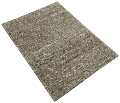Modern Solid Design Natural Brown Hand Knotted Wool Rug.