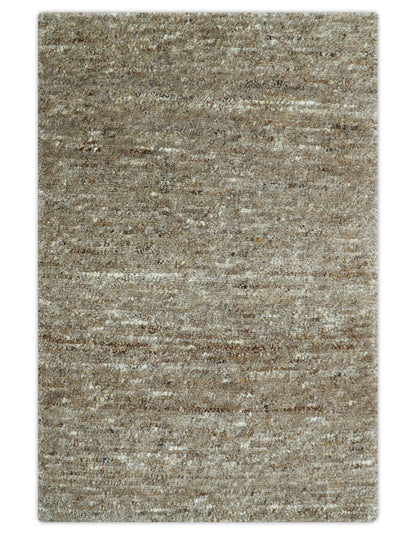 Modern Solid Design Natural Brown Hand Knotted Wool Rug.