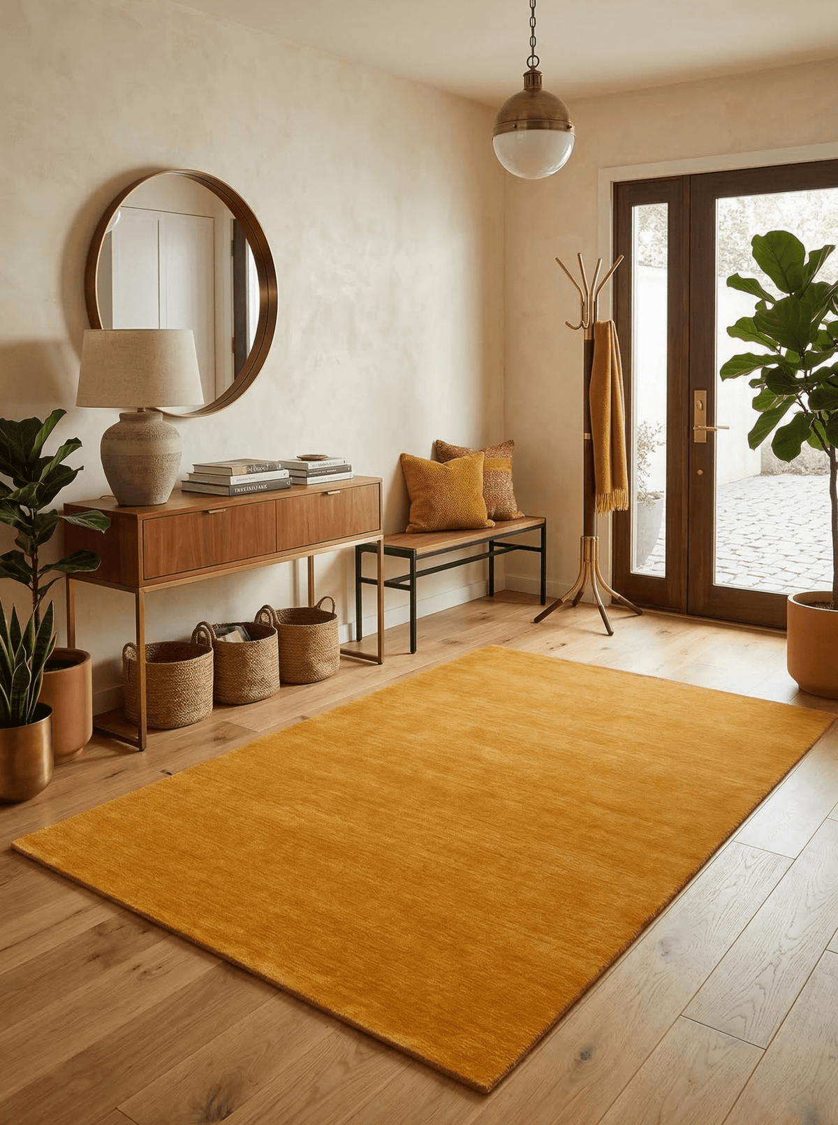 Modern Solid Gold Hand Loomed Wool Area Rug.