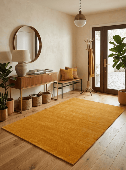 Modern Solid Gold Hand Loomed Wool Area Rug.