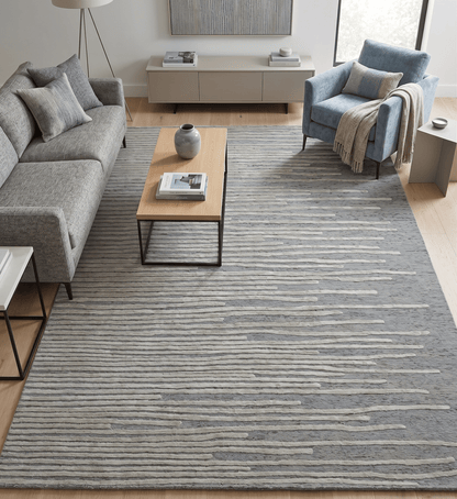 Modern Stripe Pattern Beige and Gray Hand Tufted Wool and Silk Area Rug.