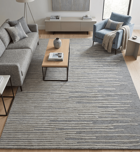 Modern Stripe Pattern Beige and Gray Hand Tufted Wool and Silk Area Rug.