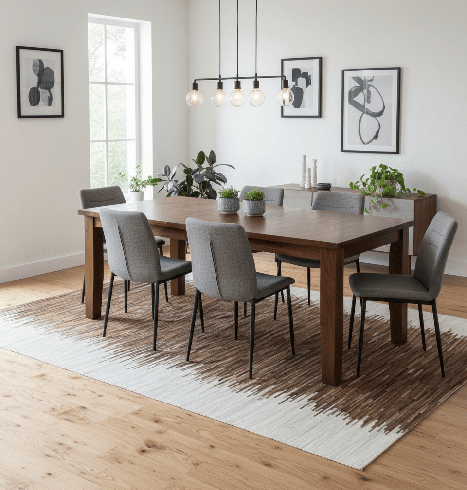 Modern Stripes Leather Striped Tan Brown and Ivory Leather Multi Size Area Rug.