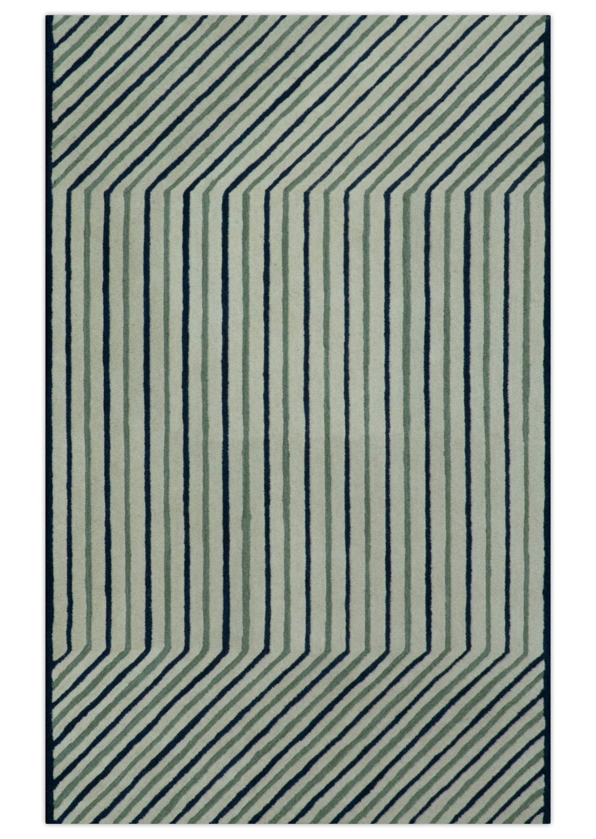 Modern Stripes Design Beige And Blue Hand Tufted Custom Made Wool Area Rug.