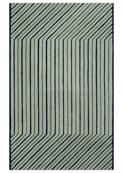 Modern Stripes Design Beige And Blue Hand Tufted Custom Made Wool Area Rug.