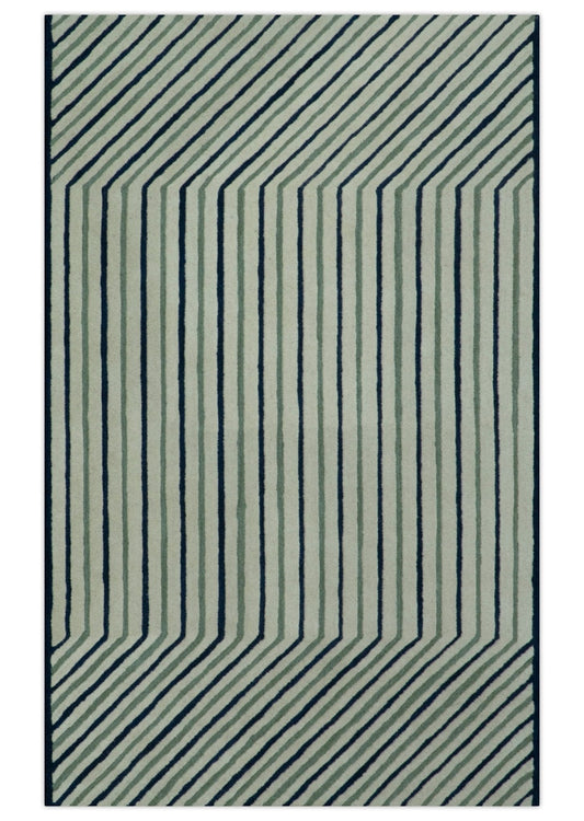 Modern Stripes Design Beige And Blue Hand Tufted Custom Made Wool Area Rug.
