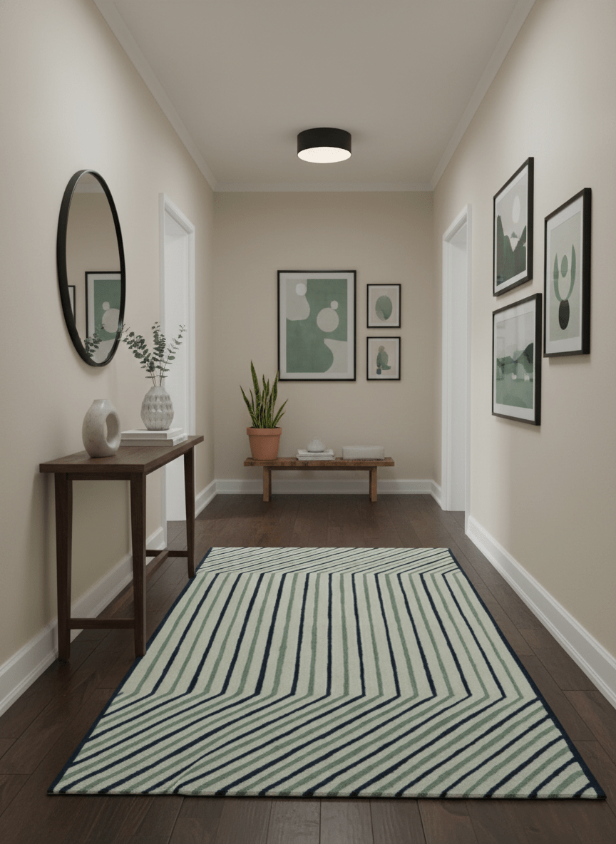 Modern Stripes Design Beige And Blue Hand Tufted Custom Made Wool Area Rug.