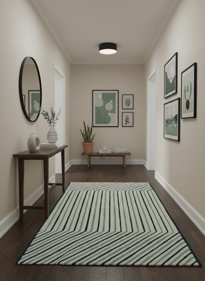 Modern Stripes Design Beige And Blue Hand Tufted Custom Made Wool Area Rug.