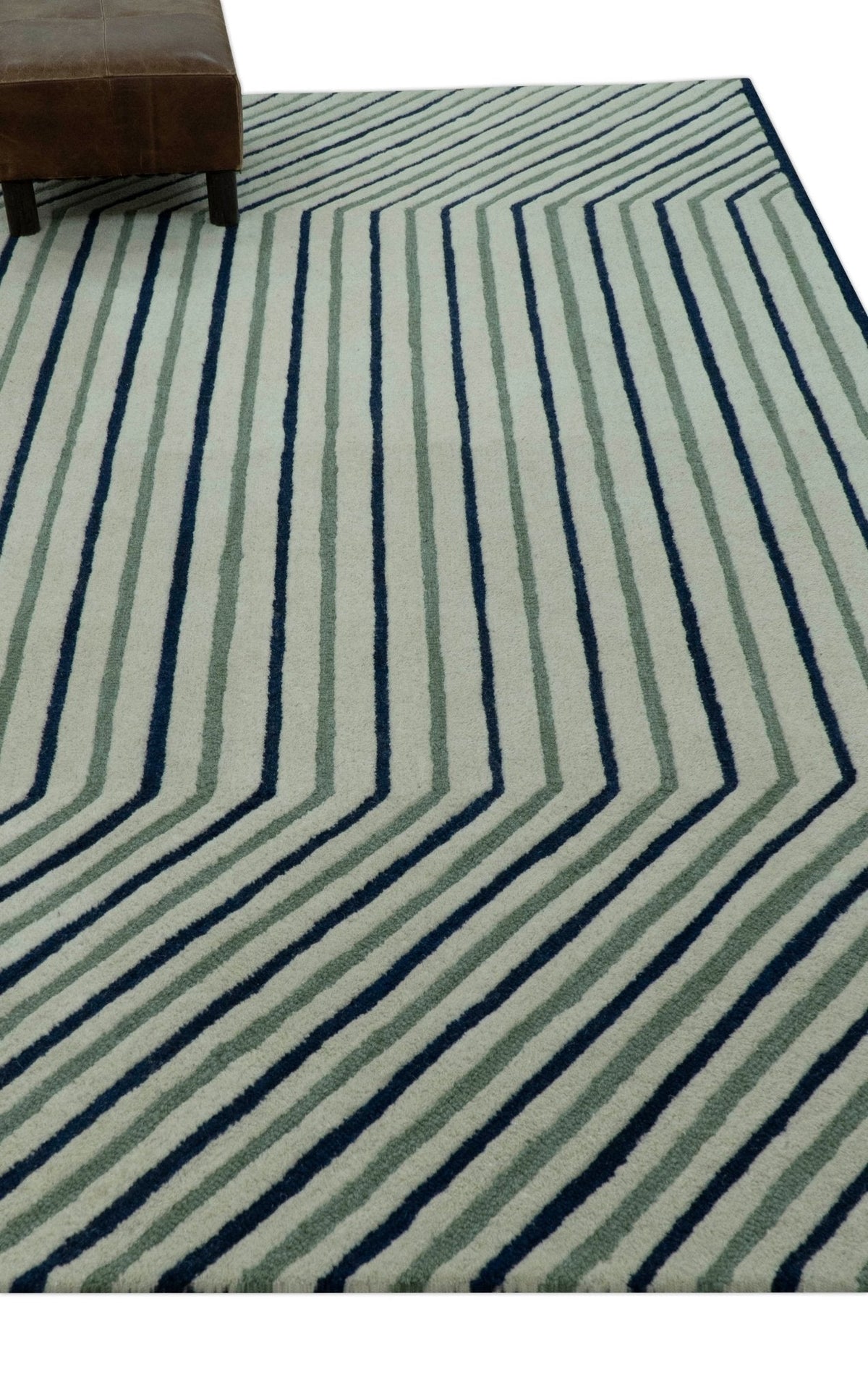 Modern Stripes Design Beige And Blue Hand Tufted Custom Made Wool Area Rug.