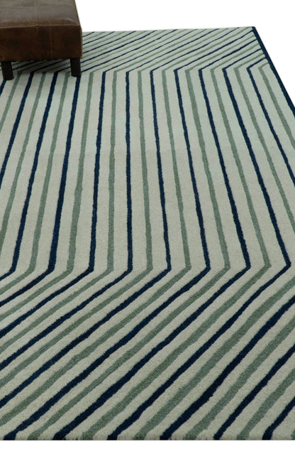 Modern Stripes Design Beige And Blue Hand Tufted Custom Made Wool Area Rug.