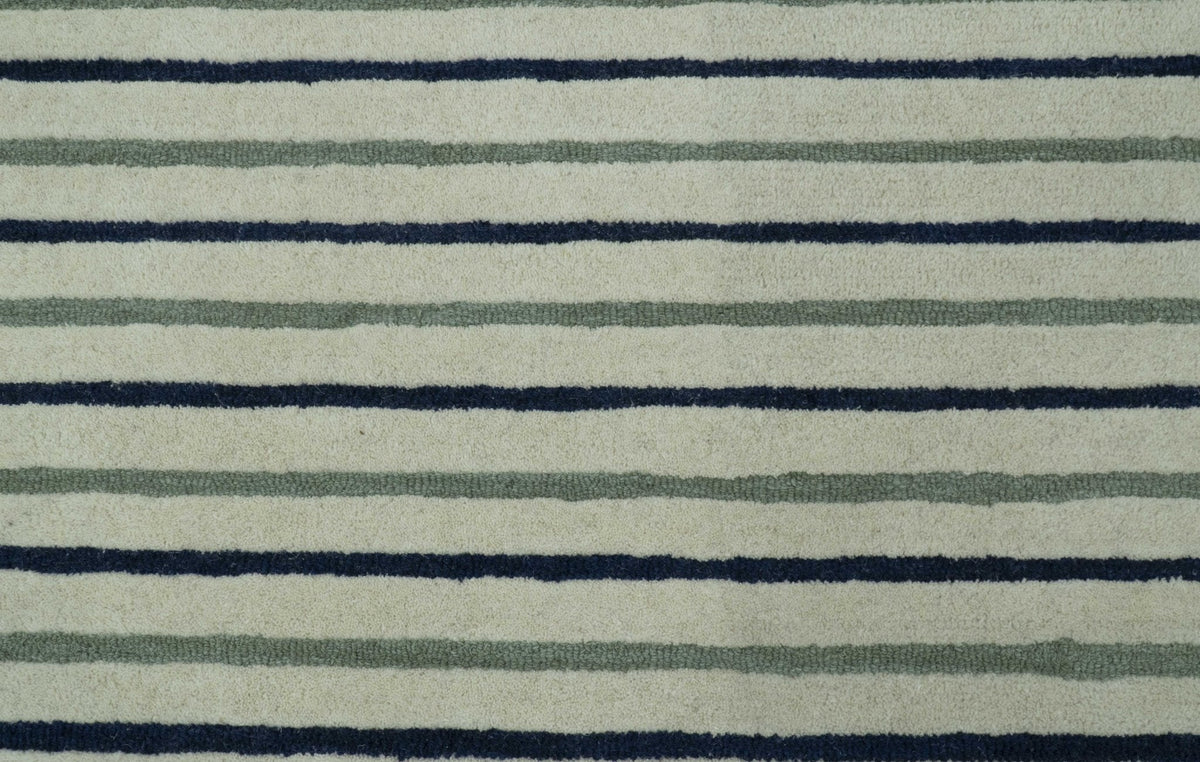 Modern Stripes Design Beige And Blue Hand Tufted Custom Made Wool Area Rug.