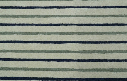 Modern Stripes Design Beige And Blue Hand Tufted Custom Made Wool Area Rug.