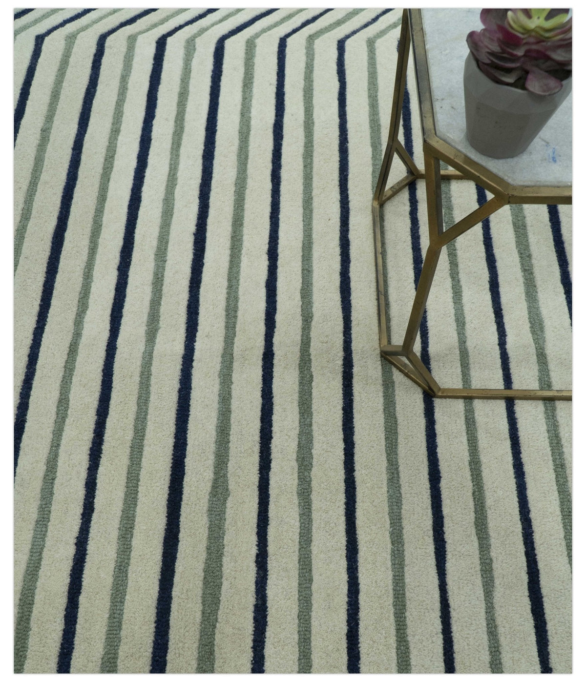 Modern Stripes Design Beige And Blue Hand Tufted Custom Made Wool Area Rug.