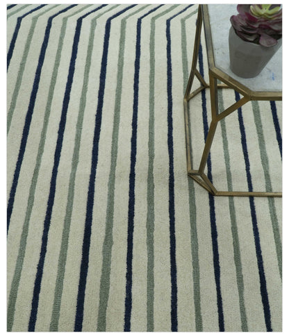 Modern Stripes Design Beige And Blue Hand Tufted Custom Made Wool Area Rug.