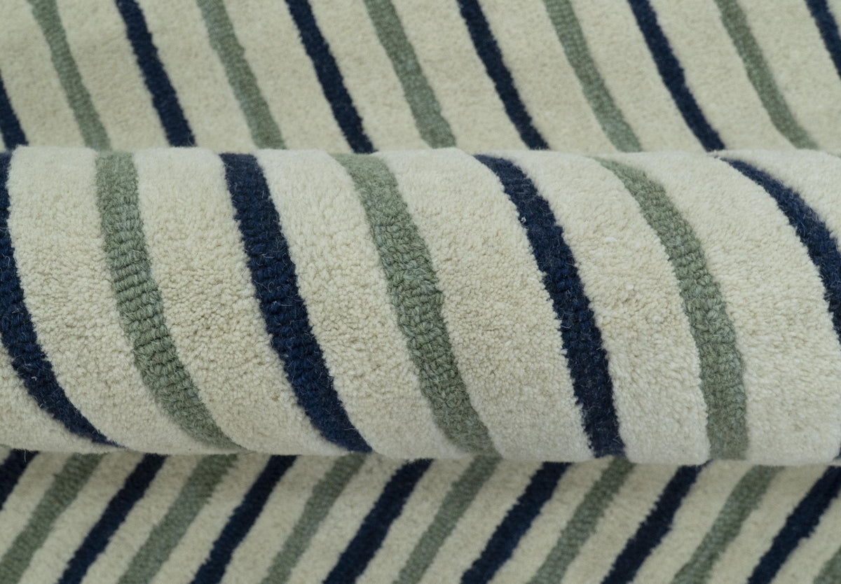 Modern Stripes Design Beige And Blue Hand Tufted Custom Made Wool Area Rug.
