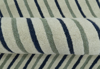 Modern Stripes Design Beige And Blue Hand Tufted Custom Made Wool Area Rug.
