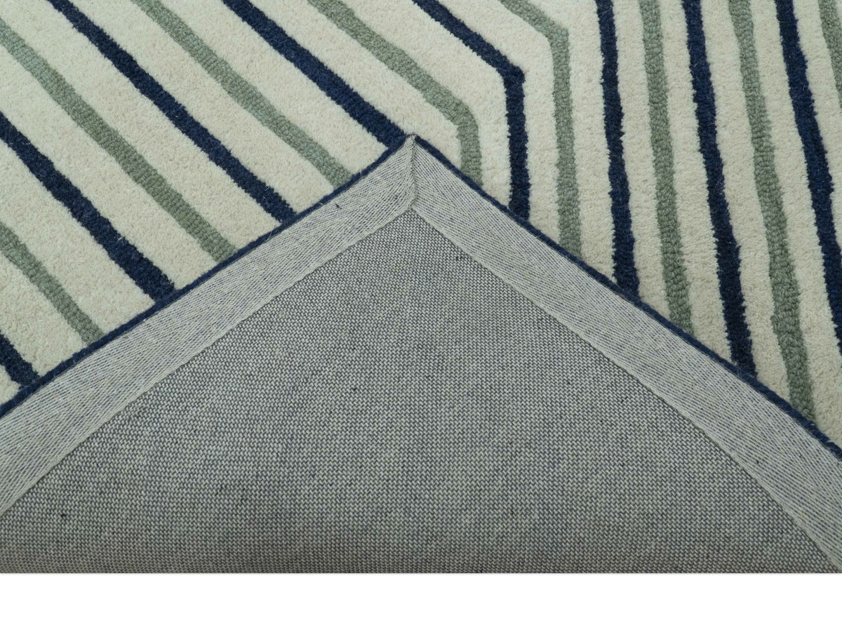 Modern Stripes Design Beige And Blue Hand Tufted Custom Made Wool Area Rug.