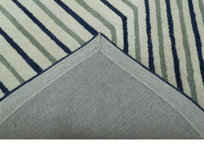Modern Stripes Design Beige And Blue Hand Tufted Custom Made Wool Area Rug.