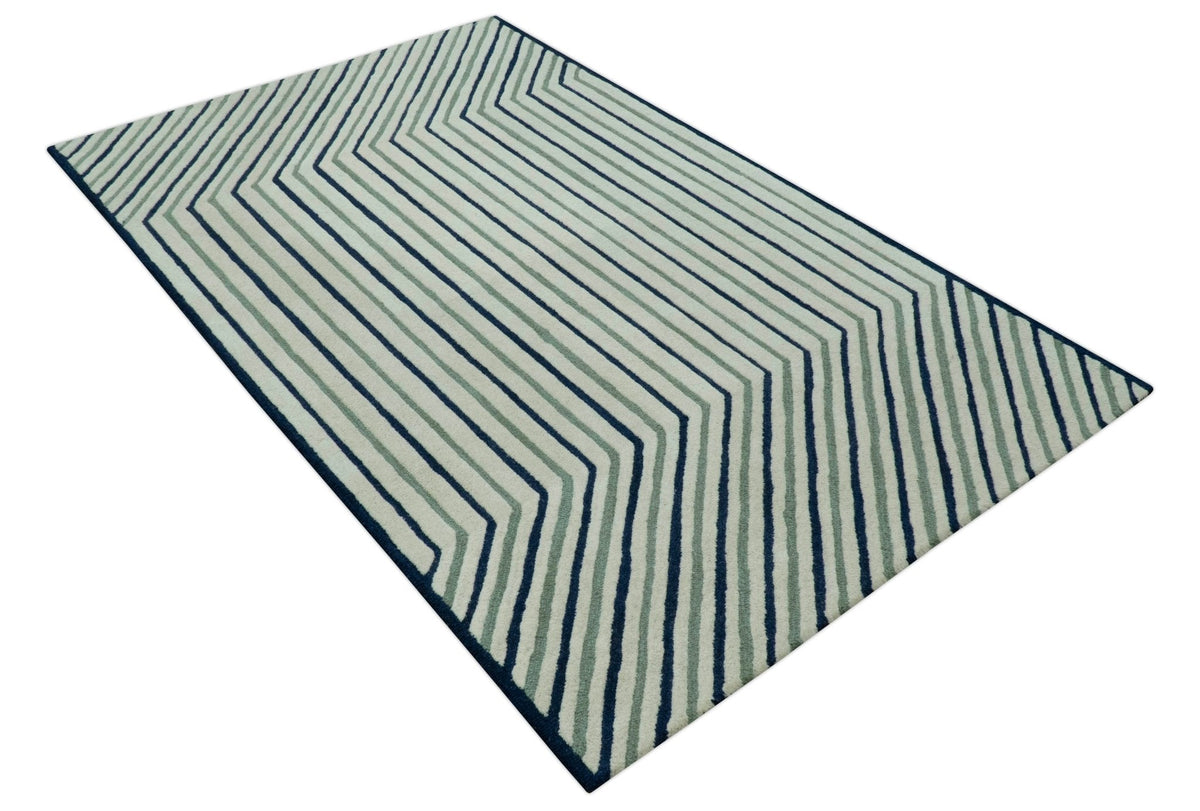 Modern Stripes Design Beige And Blue Hand Tufted Custom Made Wool Area Rug.