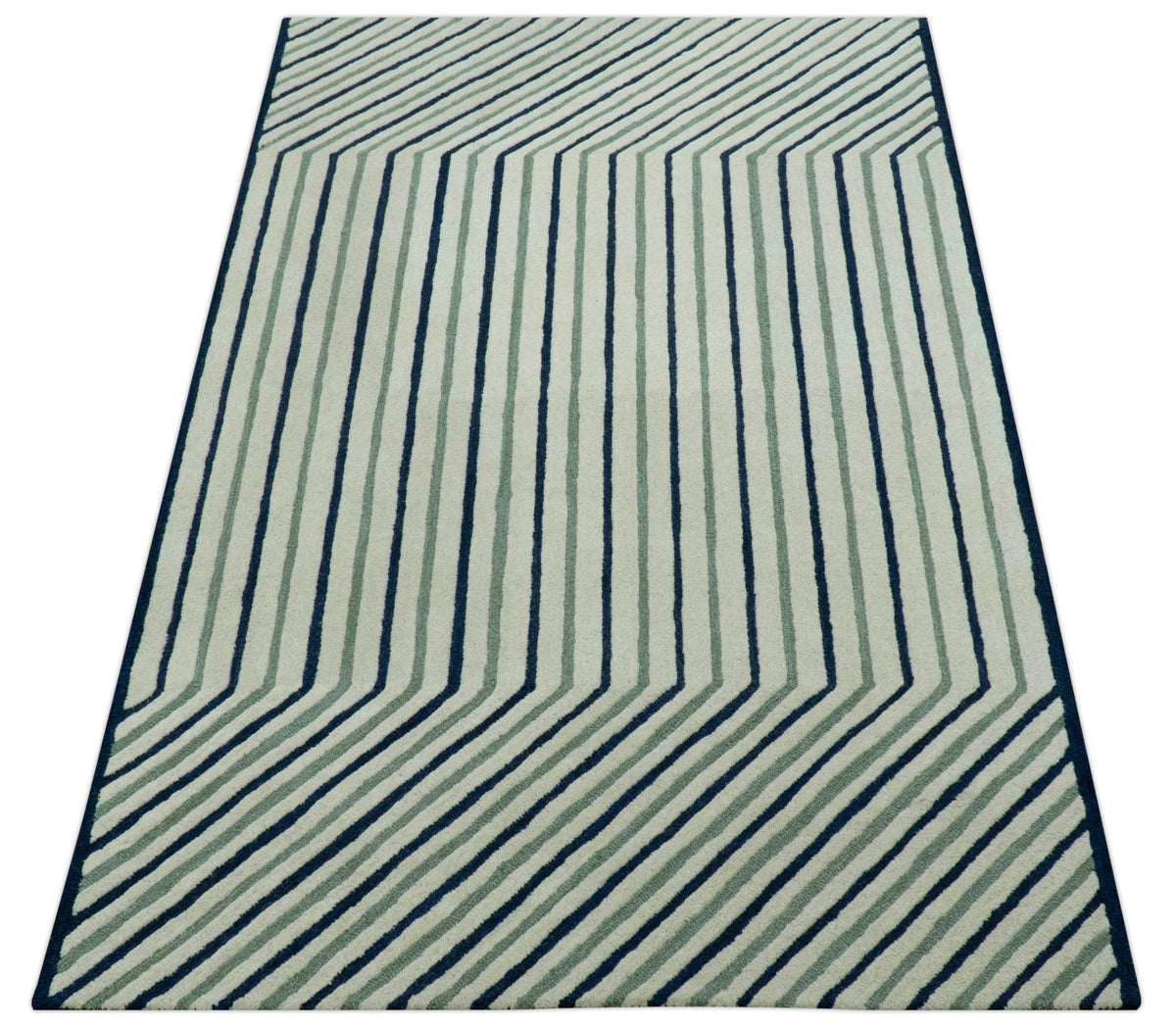 Modern Stripes Design Beige And Blue Hand Tufted Custom Made Wool Area Rug.