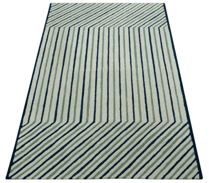 Modern Stripes Design Beige And Blue Hand Tufted Custom Made Wool Area Rug.