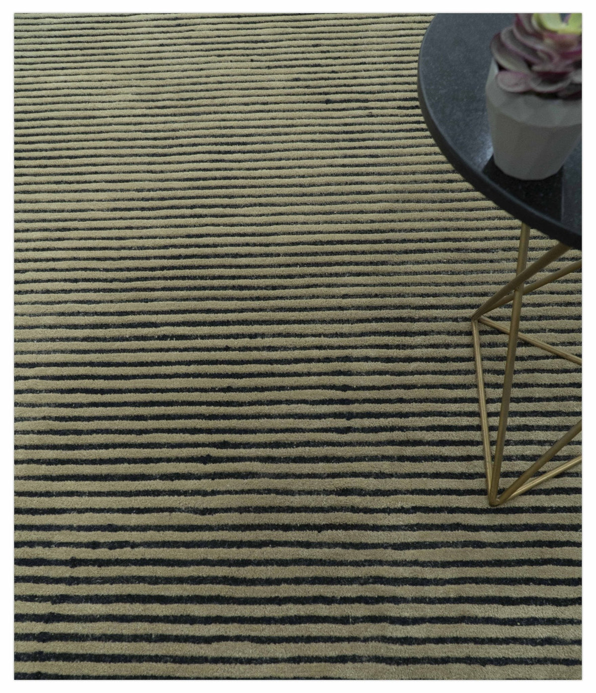 Modern Stripes Design Black And Brown Hand Tufted Custom Made Wool Area Rug.