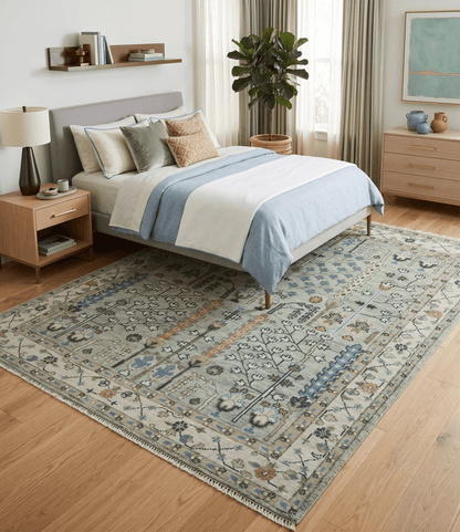 Moss Green and Ivory Tree of life Hand Knotted Wool Rug.