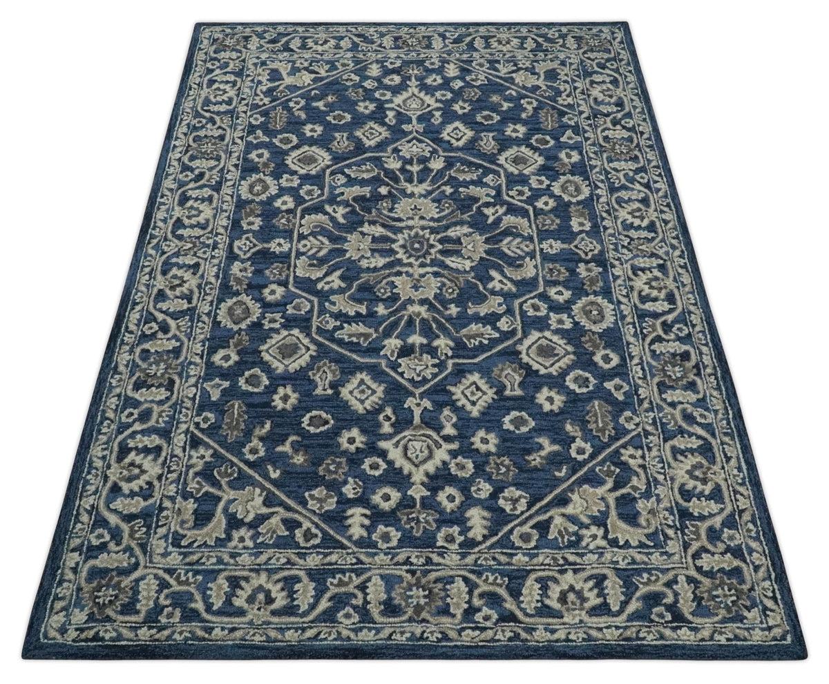 Multi Size Hand Tufted Blue and Beige Traditional Medallion 8x10, 9x12 Antique Style Rug, Kids, Living Room and Bedroom Rug | TRD6441.