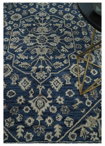 Multi Size Hand Tufted Blue and Beige Traditional Medallion 8x10, 9x12 Antique Style Rug, Kids, Living Room and Bedroom Rug | TRD6441.
