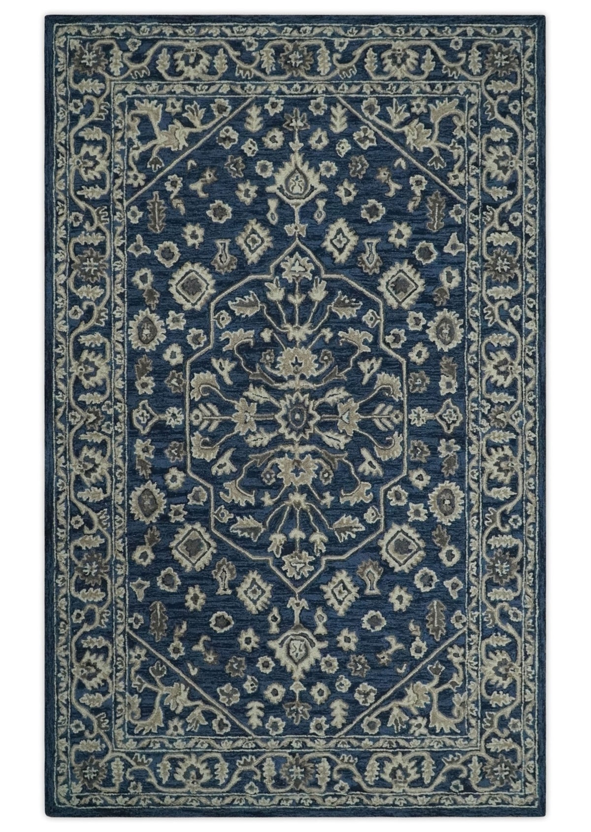 Multi Size Hand Tufted Blue and Beige Traditional Medallion 8x10, 9x12 Antique Style Rug, Kids, Living Room and Bedroom Rug | TRD6441.