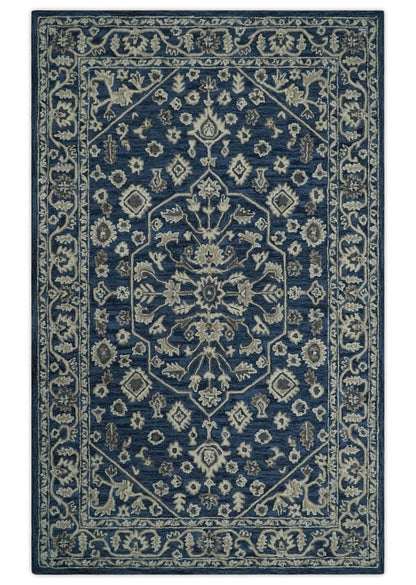 Multi Size Hand Tufted Blue and Beige Traditional Medallion 8x10, 9x12 Antique Style Rug, Kids, Living Room and Bedroom Rug | TRD6441.