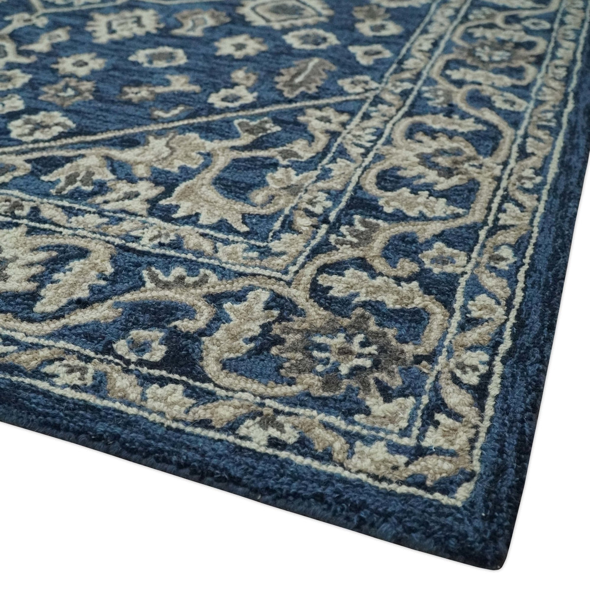 Multi Size Hand Tufted Blue and Beige Traditional Medallion 8x10, 9x12 Antique Style Rug, Kids, Living Room and Bedroom Rug | TRD6441.