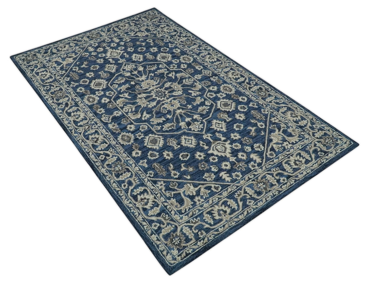 Multi Size Hand Tufted Blue and Beige Traditional Medallion 8x10, 9x12 Antique Style Rug, Kids, Living Room and Bedroom Rug | TRD6441.