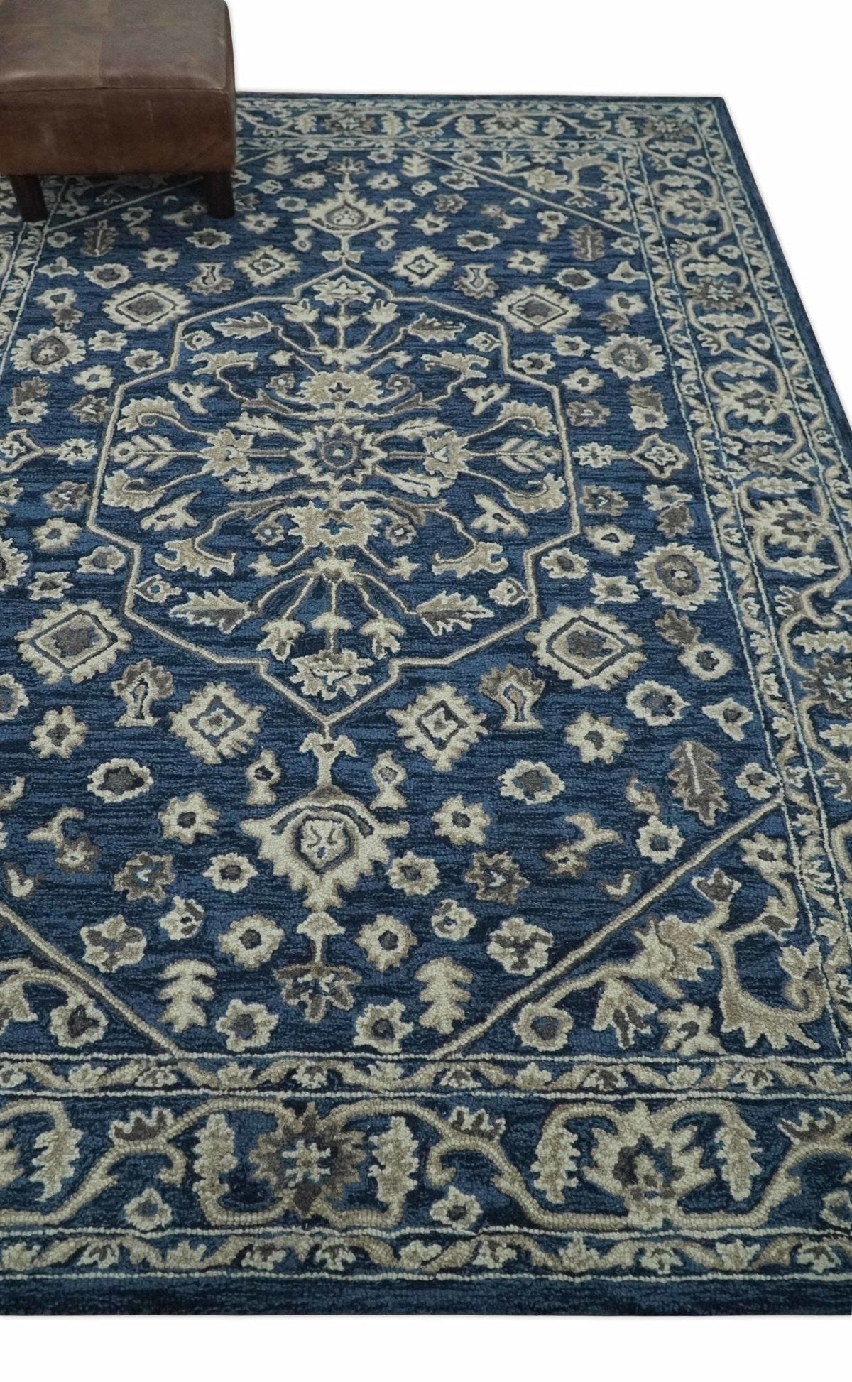 Multi Size Hand Tufted Blue and Beige Traditional Medallion 8x10, 9x12 Antique Style Rug, Kids, Living Room and Bedroom Rug | TRD6441.