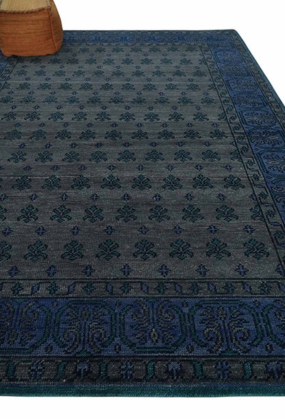 Gray and Blue Traditional Hand Knotted Antique Style low Pile Custom Made Wool Area Rug.